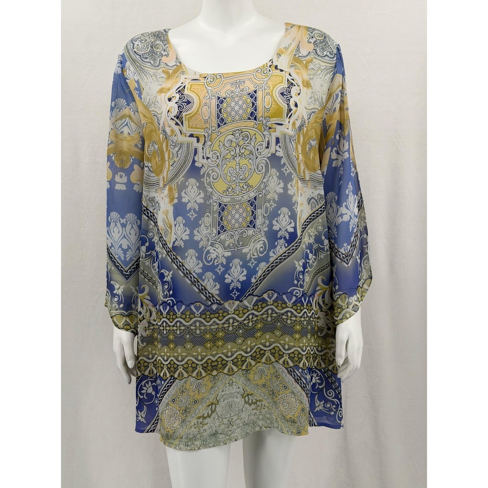 JM Collection Top Women 3X Blue Gold Baroque Floral Boho Tunic Artsy Lightweight